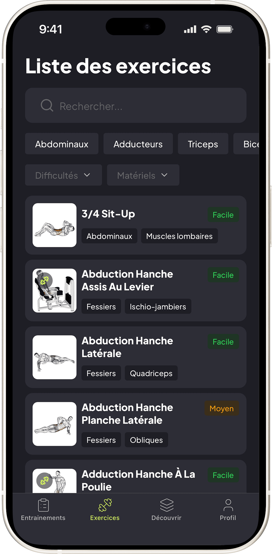 Liste des exercices filtrable avec badges de difficulté
