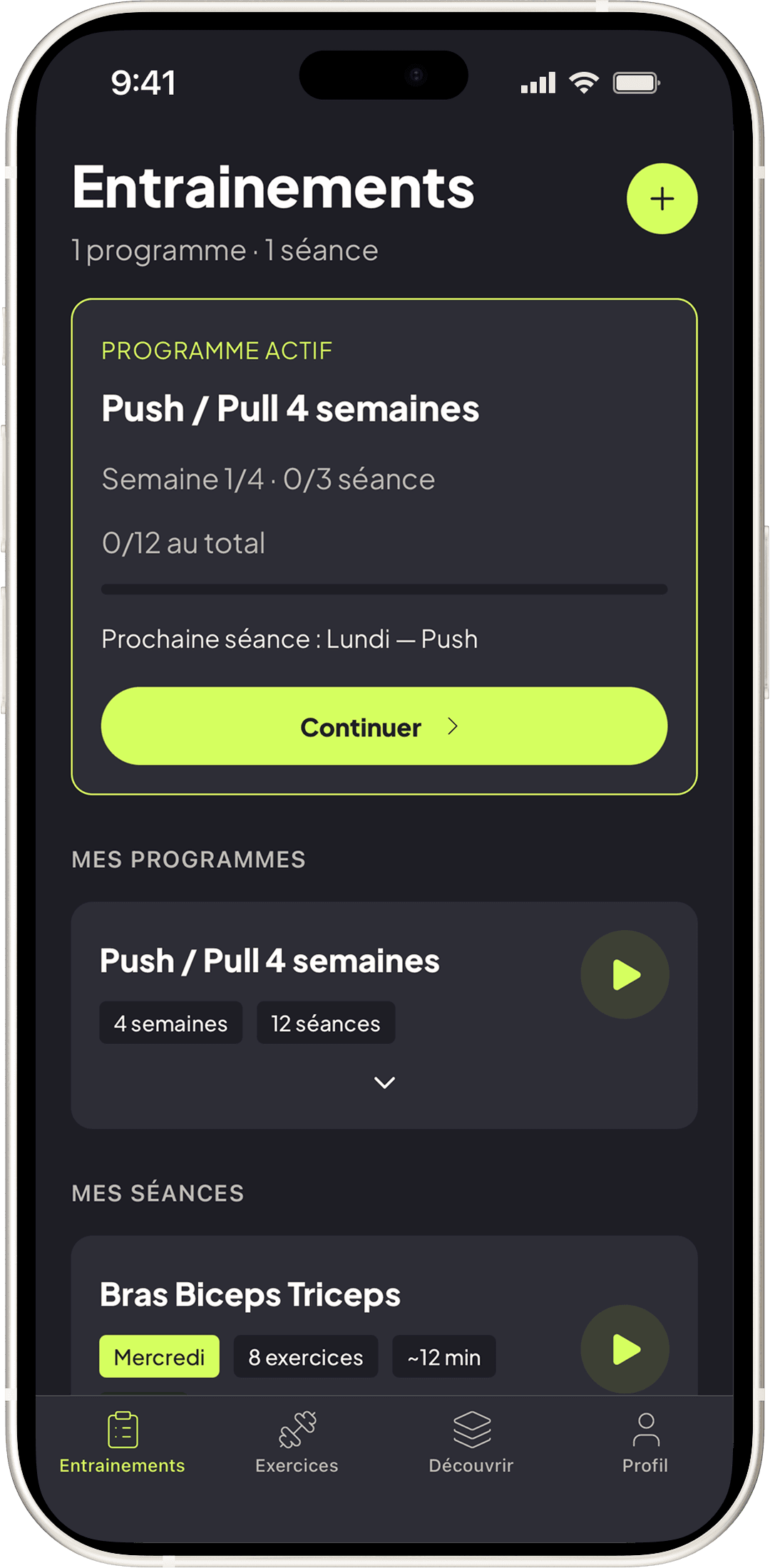 Séance guidée UGain : timer, démonstration d’exercice et compteur de répétitions