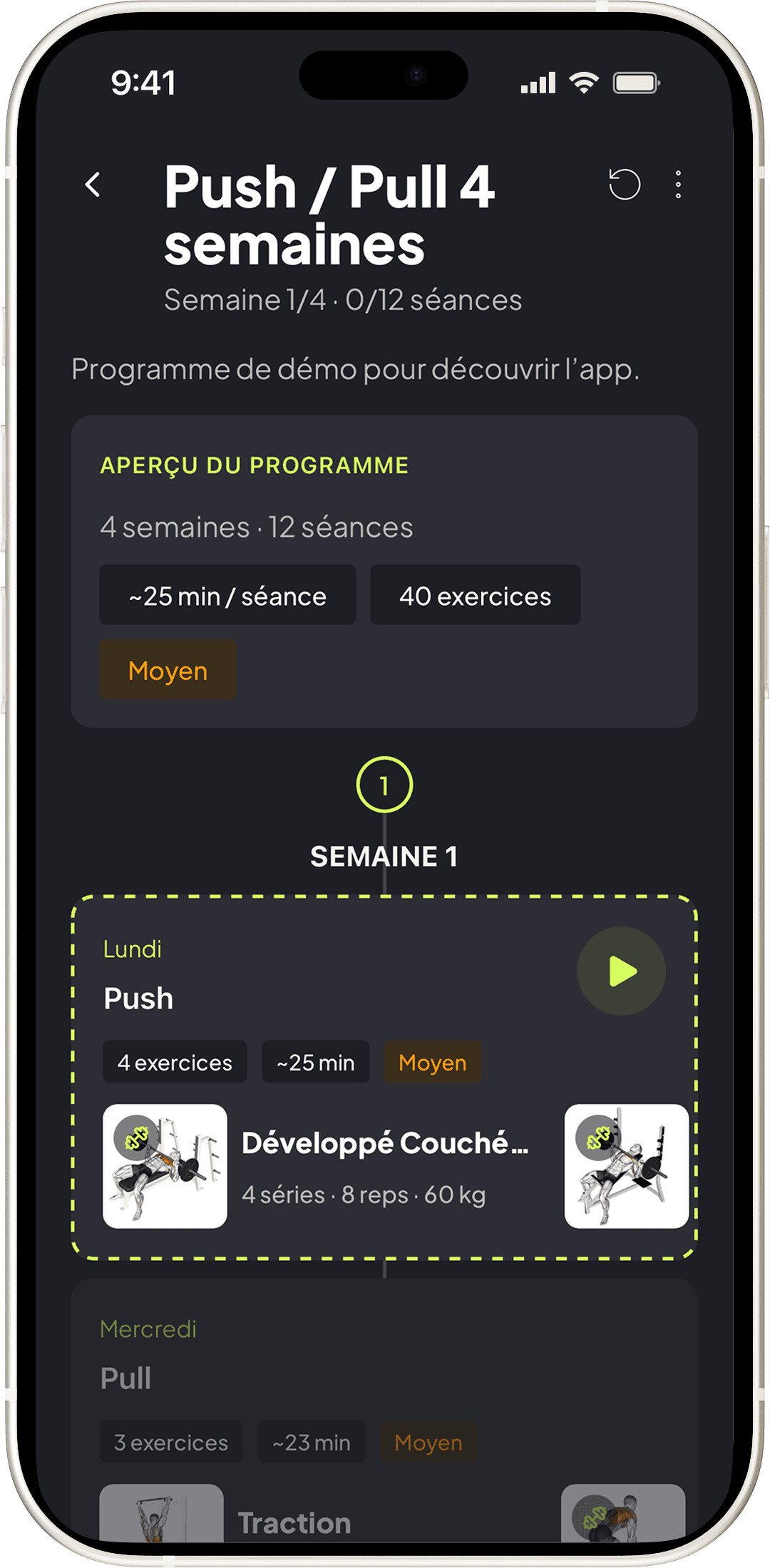 Programme multi-semaines avec aperçu et timeline des séances